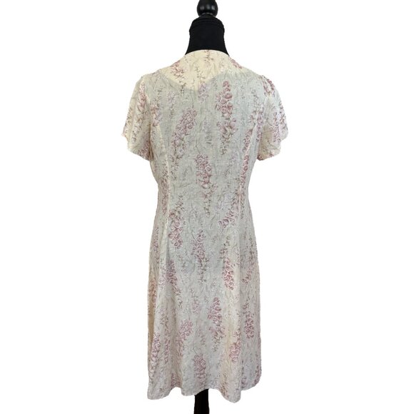 Vintage Lauren Ashley 90s Ivory Floral Linen Blend Dress Size 6 A-Line Midi - Picture 2 of 6
